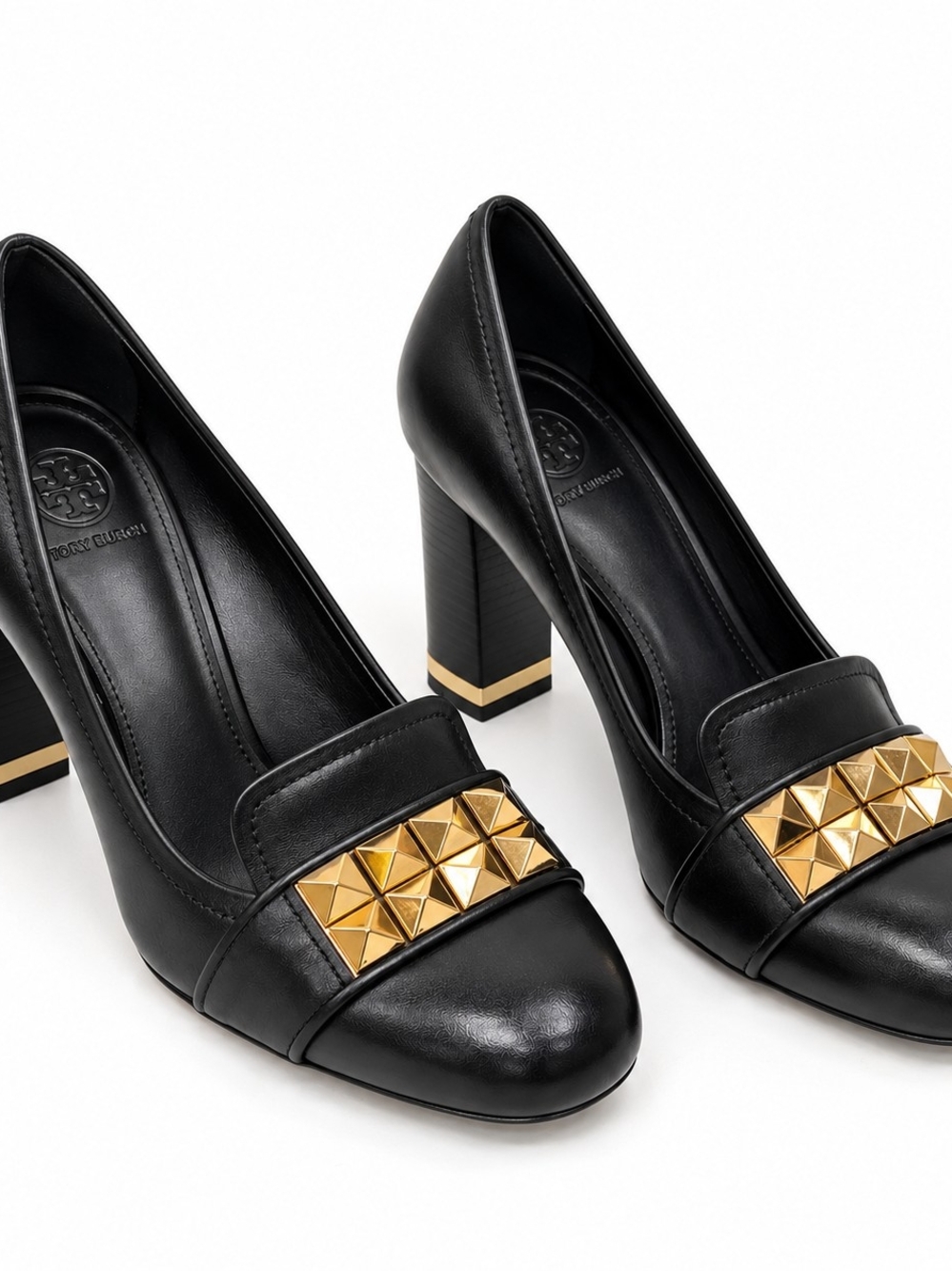 Tory Burch Black Leather Gold Stud Block Heel Pumps Size 7 - Picture 14 of 14
